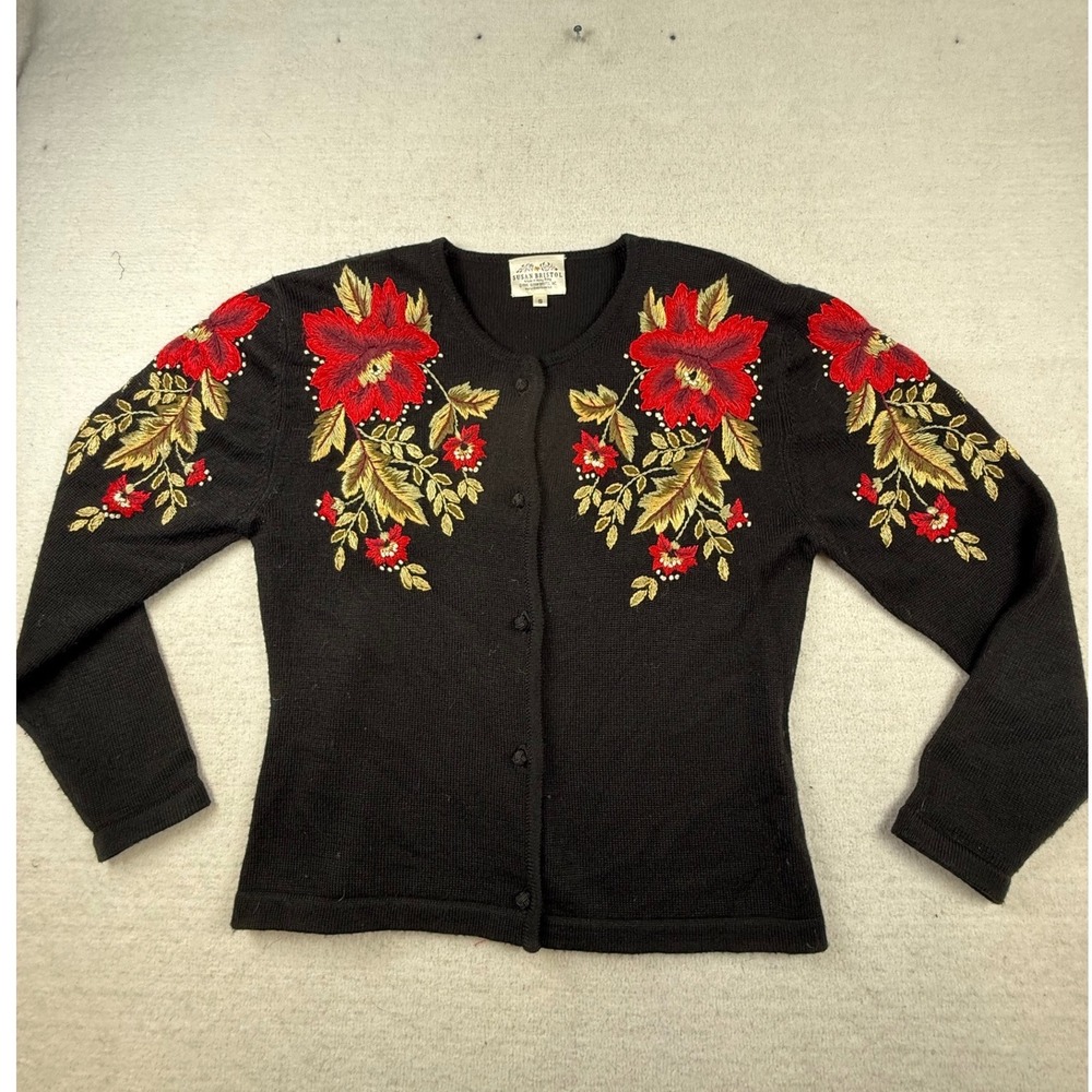 VTG Susan Bristol 1995 Floral Wool Blend Cardigan Black S Christmas Grandma